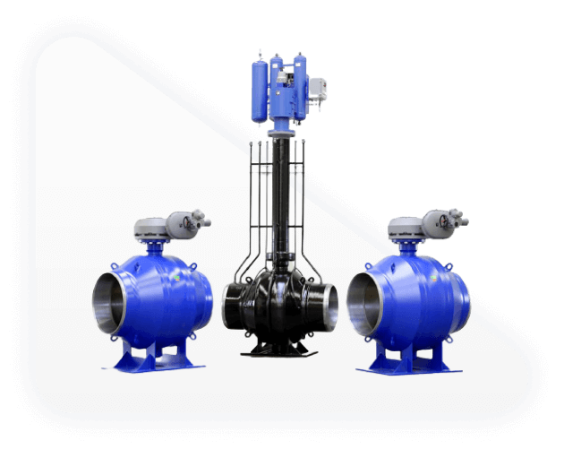 Fotos de duas válvulas industriais azuis e uma preta em formato de esfera